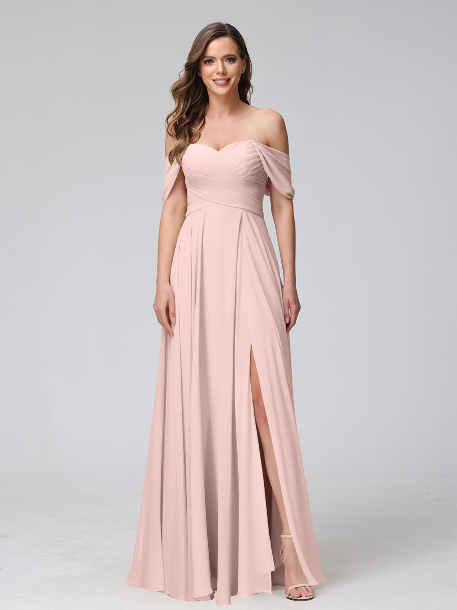 A-Line Off-the-Shoulder Sleeveless Ruched Long Chiffon Bridesmaid Dresses with Split Side Pearl Pink