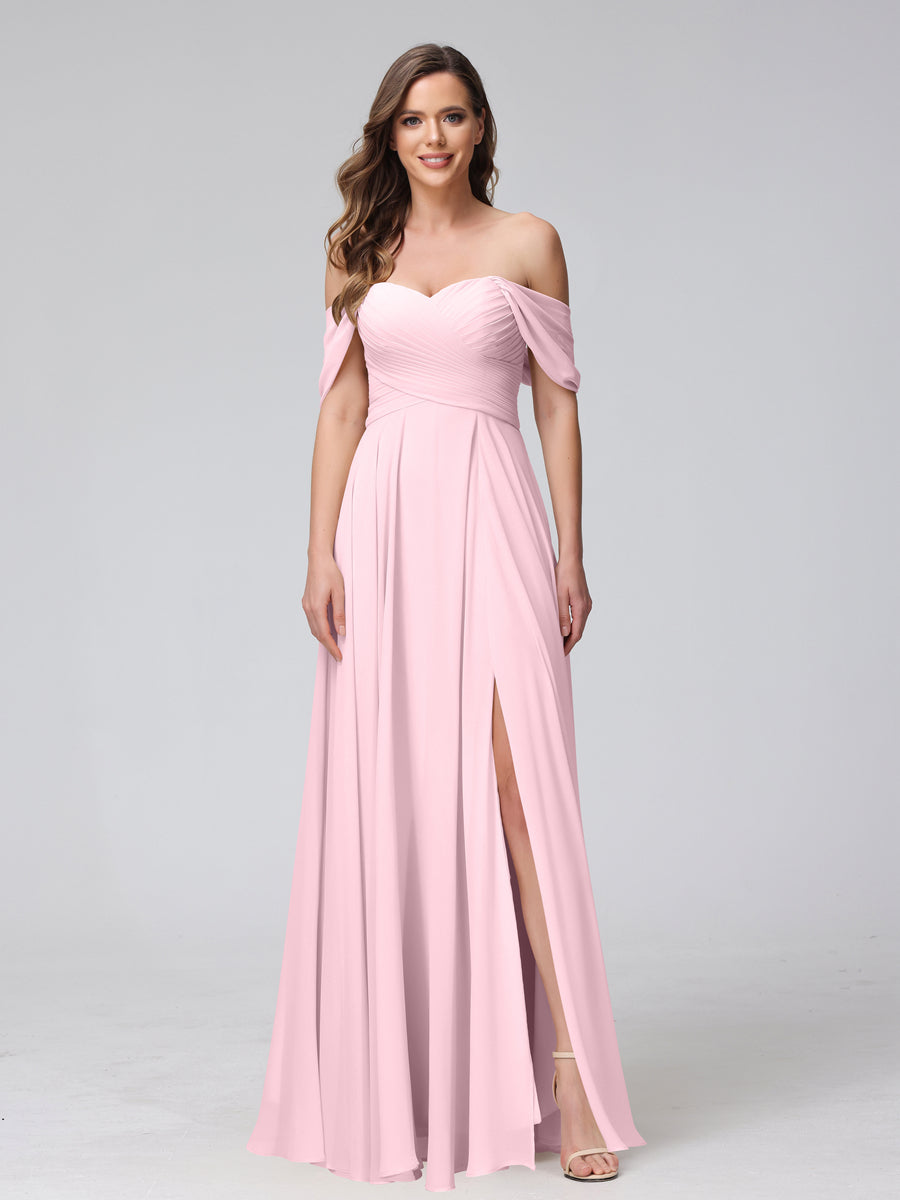 A-Line Off-the-Shoulder Sleeveless Ruched Long Chiffon Bridesmaid Dresses with Split Side Pink