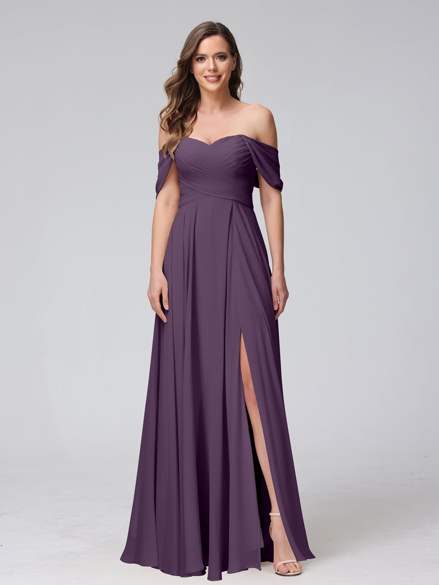 A-Line Off-the-Shoulder Sleeveless Ruched Long Chiffon Bridesmaid Dresses with Split Side Plum
