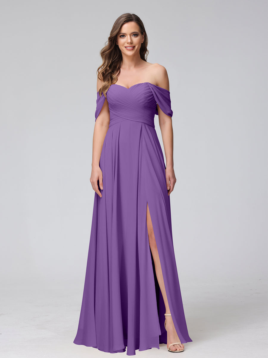 A-Line Off-the-Shoulder Sleeveless Ruched Long Chiffon Bridesmaid Dresses with Split Side Purple