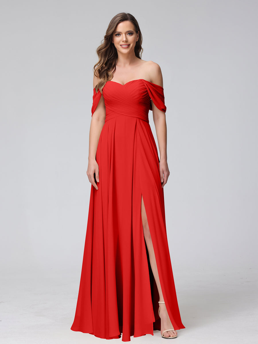 A-Line Off-the-Shoulder Sleeveless Ruched Long Chiffon Bridesmaid Dresses with Split Side Red