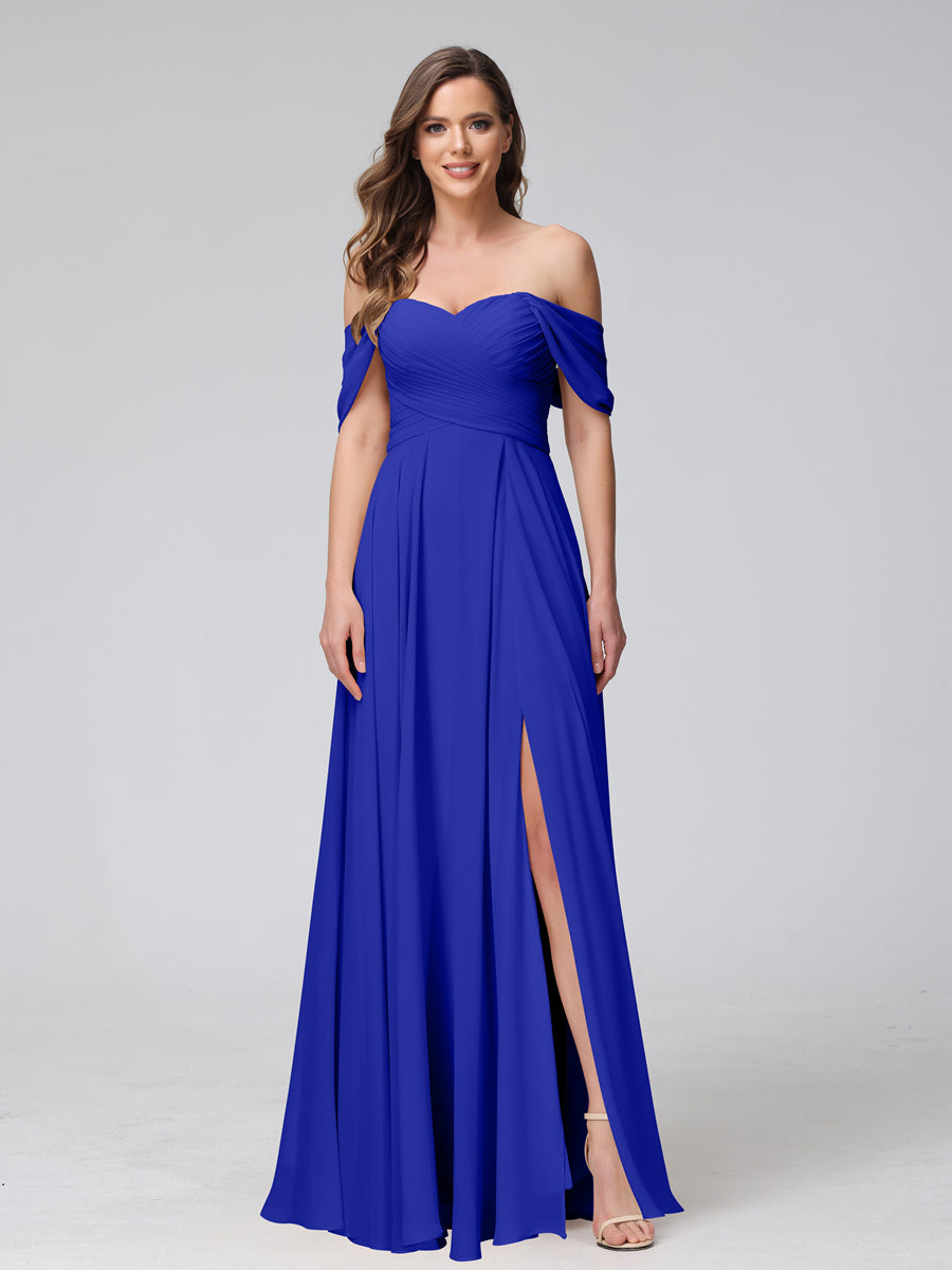 A-Line Off-the-Shoulder Sleeveless Ruched Long Chiffon Bridesmaid Dresses with Split Side Royal Blue
