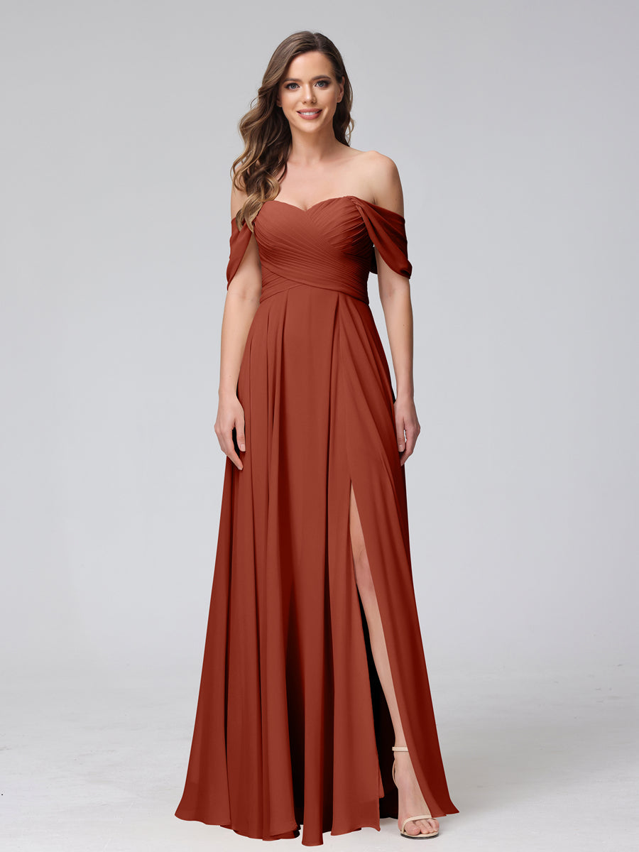 A-Line Off-the-Shoulder Sleeveless Ruched Long Chiffon Bridesmaid Dresses with Split Side Rust