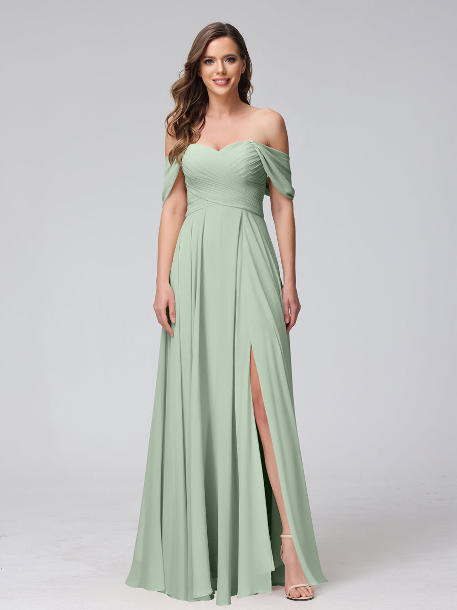 A-Line Off-the-Shoulder Sleeveless Ruched Long Chiffon Bridesmaid Dresses with Split Side Sage