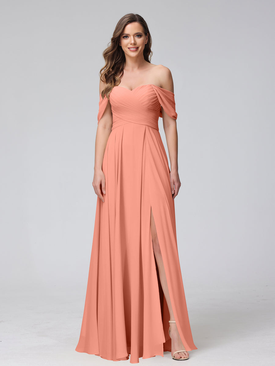 A-Line Off-the-Shoulder Sleeveless Ruched Long Chiffon Bridesmaid Dresses with Split Side Salmon