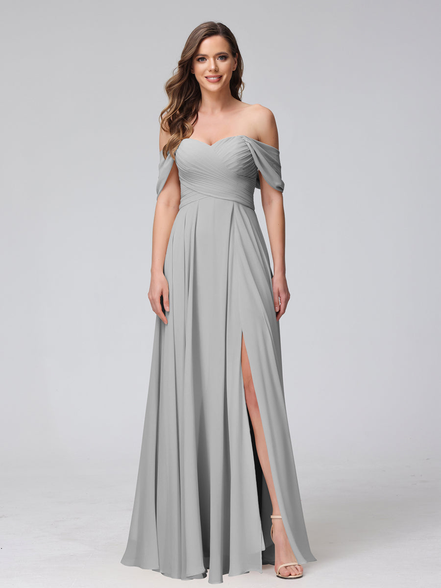 A-Line Off-the-Shoulder Sleeveless Ruched Long Chiffon Bridesmaid Dresses with Split Side Silver