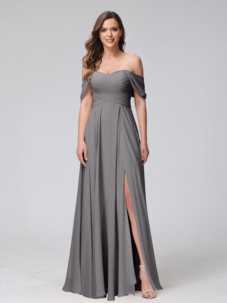 A-Line Off-the-Shoulder Sleeveless Ruched Long Chiffon Bridesmaid Dresses with Split Side Silver Gray