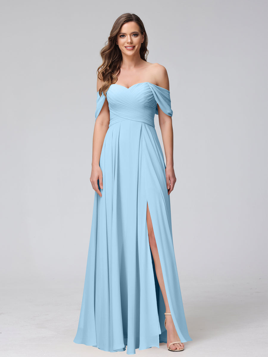 A-Line Off-the-Shoulder Sleeveless Ruched Long Chiffon Bridesmaid Dresses with Split Side Sky Blue