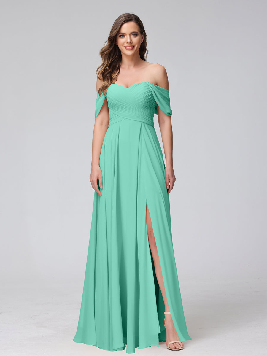 A-Line Off-the-Shoulder Sleeveless Ruched Long Chiffon Bridesmaid Dresses with Split Side Spa
