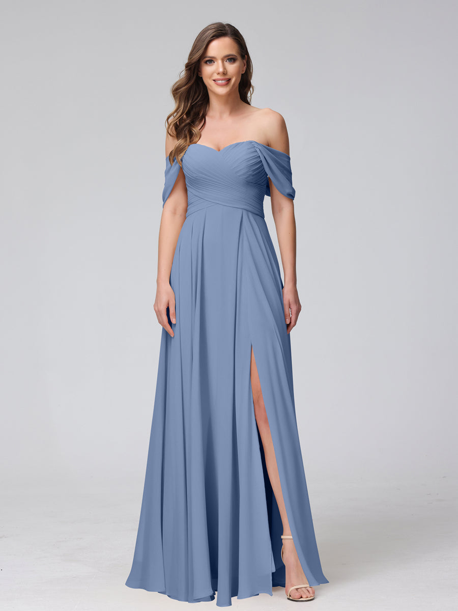 A-Line Off-the-Shoulder Sleeveless Ruched Long Chiffon Bridesmaid Dresses with Split Side Steel Blue