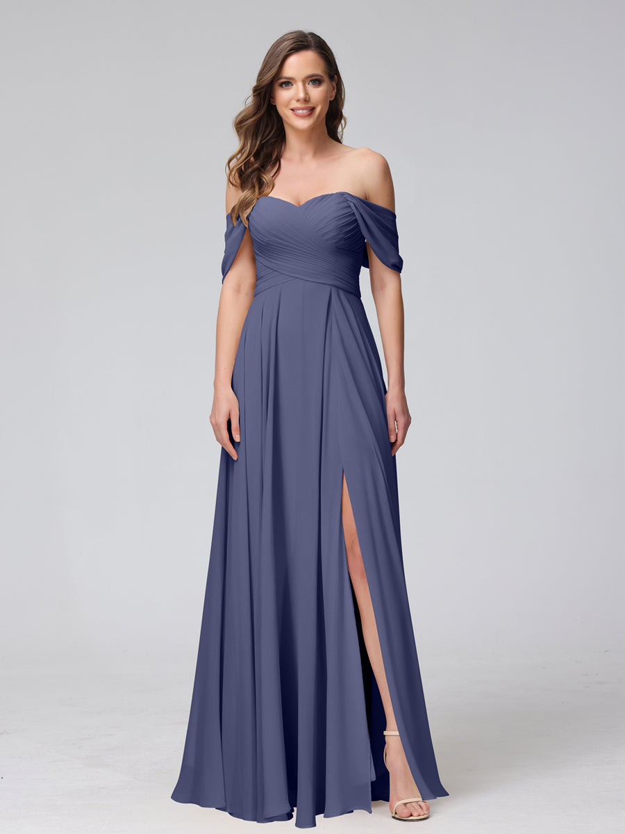 A-Line Off-the-Shoulder Sleeveless Ruched Long Chiffon Bridesmaid Dresses with Split Side Stormy Blue