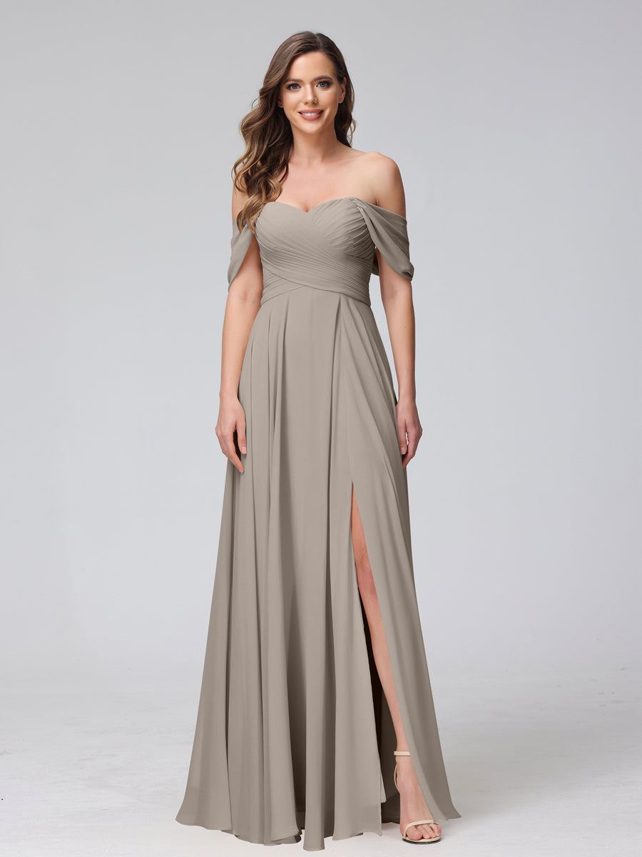 A-Line Off-the-Shoulder Sleeveless Ruched Long Chiffon Bridesmaid Dresses with Split Side Taupe