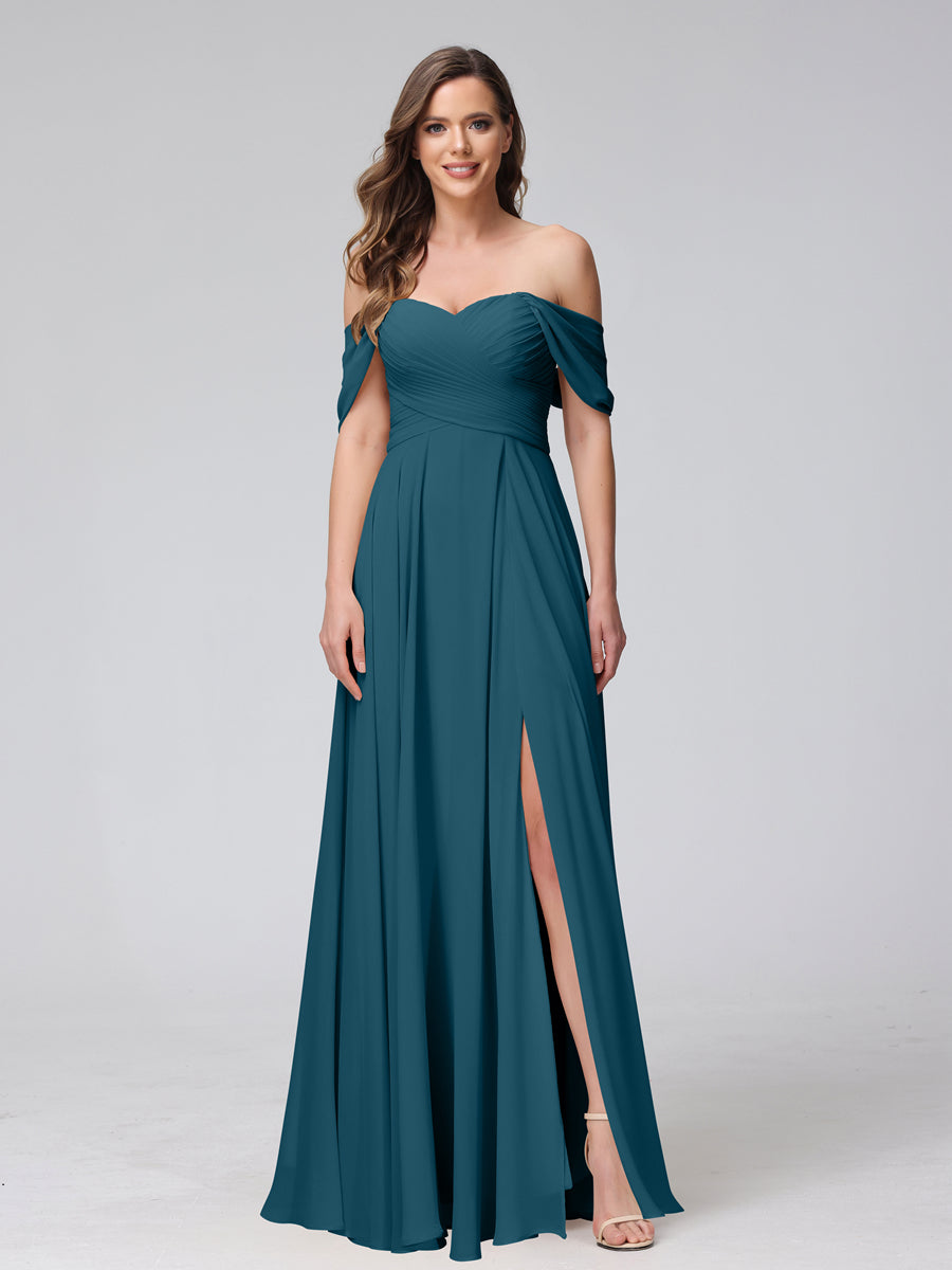 A-Line Off-the-Shoulder Sleeveless Ruched Long Chiffon Bridesmaid Dresses with Split Side Teal