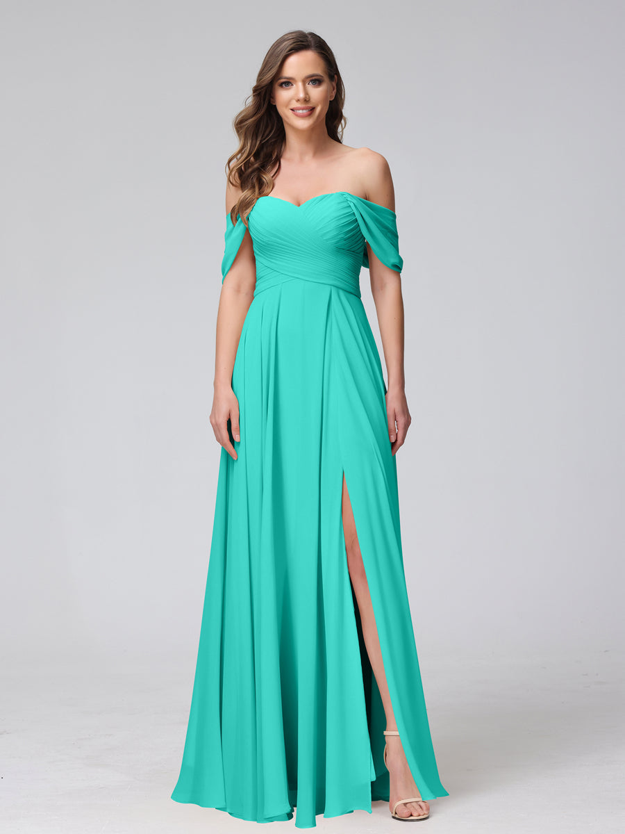 A-Line Off-the-Shoulder Sleeveless Ruched Long Chiffon Bridesmaid Dresses with Split Side Turquoise