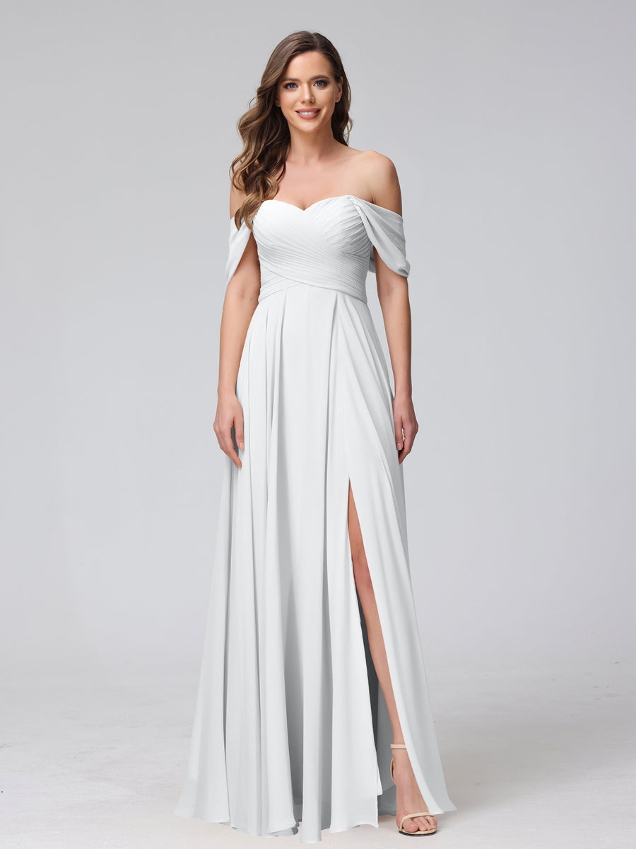 A-Line Off-the-Shoulder Sleeveless Ruched Long Chiffon Bridesmaid Dresses with Split Side White