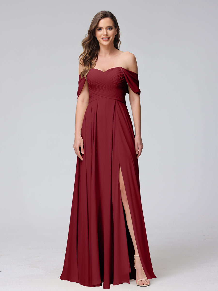A-Line Off-the-Shoulder Sleeveless Ruched Long Chiffon Bridesmaid Dresses with Split Side Wine Red
