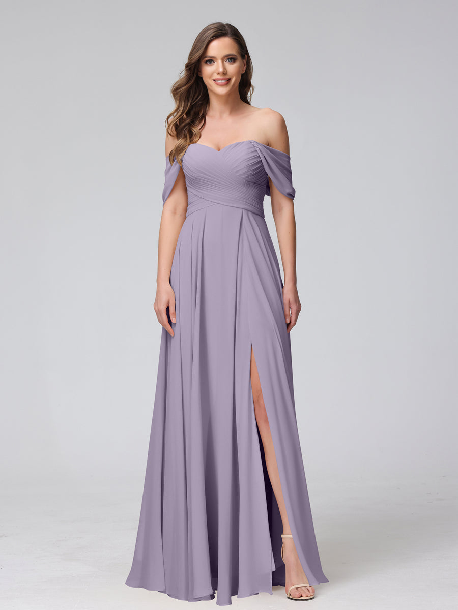 A-Line Off-the-Shoulder Sleeveless Ruched Long Chiffon Bridesmaid Dresses with Split Side Wisteria