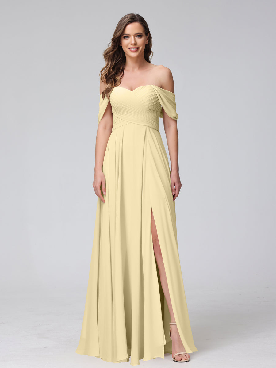 A-Line Off-the-Shoulder Sleeveless Ruched Long Chiffon Bridesmaid Dresses with Split Side Yellow