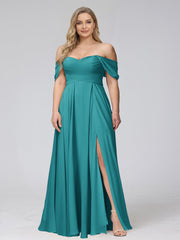 A-Line Off-the-Shoulder Sleeveless Ruched Long Chiffon Plus Size Bridesmaid Dresses with Split Side Aqua Blue