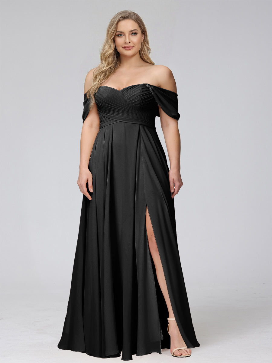 A-Line Off-the-Shoulder Sleeveless Ruched Long Chiffon Plus Size Bridesmaid Dresses with Split Side Black