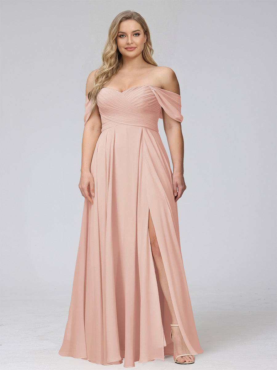 A-Line Off-the-Shoulder Sleeveless Ruched Long Chiffon Plus Size Bridesmaid Dresses with Split Side Blush Pink