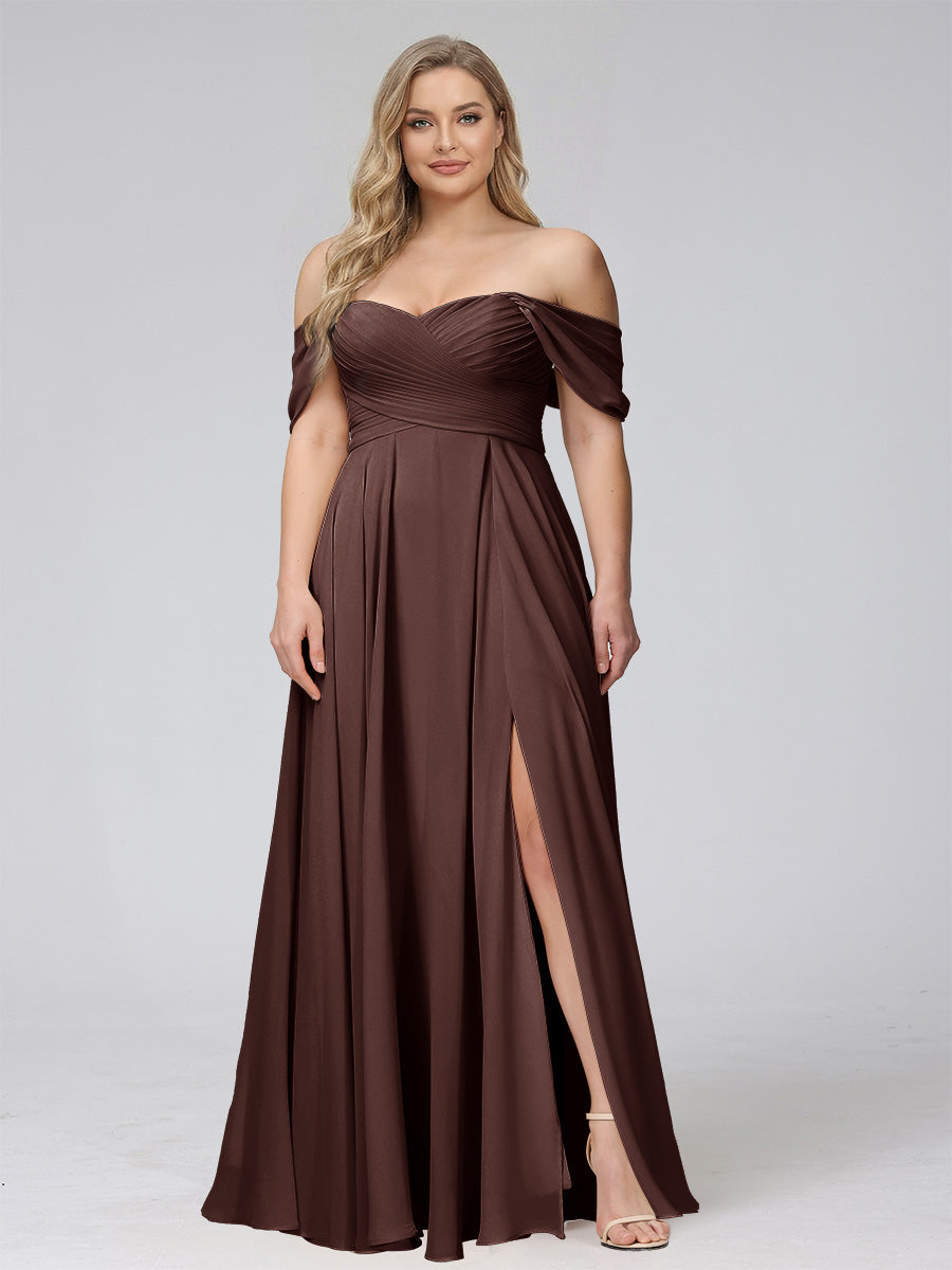A-Line Off-the-Shoulder Sleeveless Ruched Long Chiffon Plus Size Bridesmaid Dresses with Split Side Brown