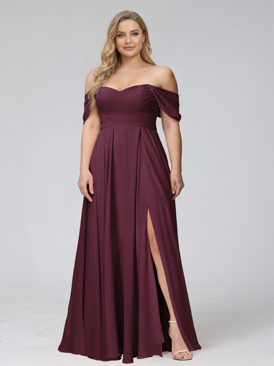 A-Line Off-the-Shoulder Sleeveless Ruched Long Chiffon Plus Size Bridesmaid Dresses with Split Side Burgundy