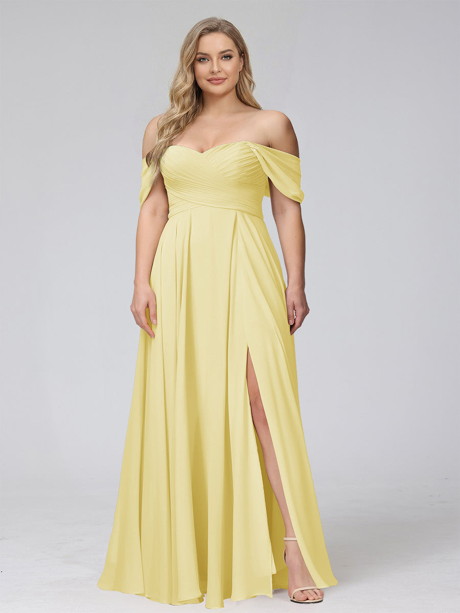 A-Line Off-the-Shoulder Sleeveless Ruched Long Chiffon Plus Size Bridesmaid Dresses with Split Side Canary
