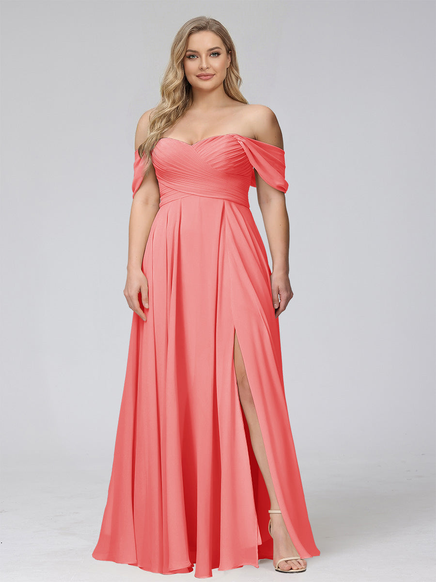A-Line Off-the-Shoulder Sleeveless Ruched Long Chiffon Plus Size Bridesmaid Dresses with Split Side Coral