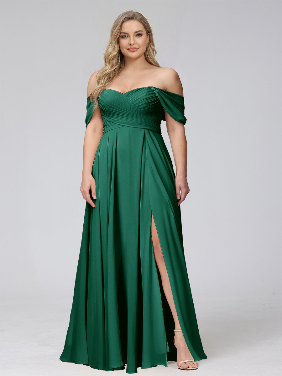 A-Line Off-the-Shoulder Sleeveless Ruched Long Chiffon Plus Size Bridesmaid Dresses with Split Side Dark Green