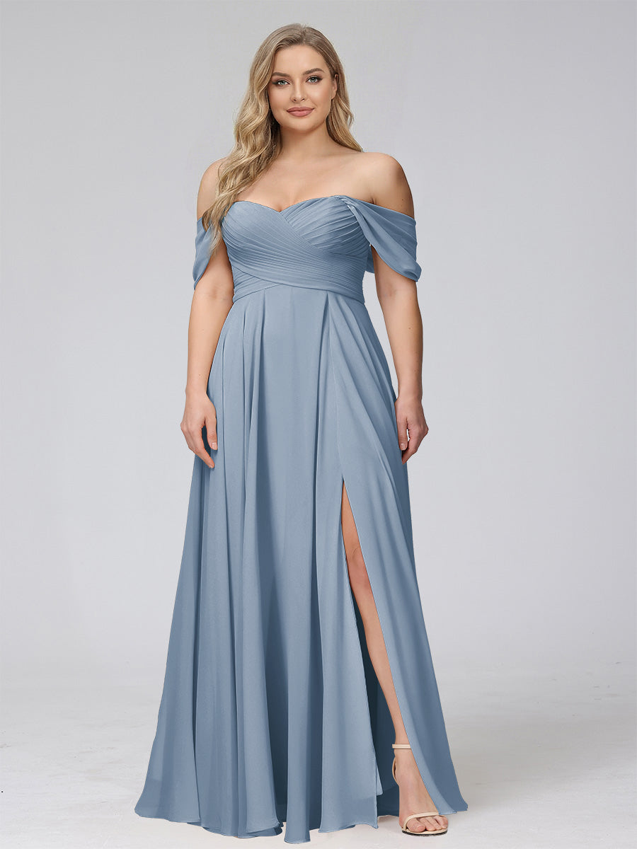 A-Line Off-the-Shoulder Sleeveless Ruched Long Chiffon Plus Size Bridesmaid Dresses with Split Side Dusty Blue