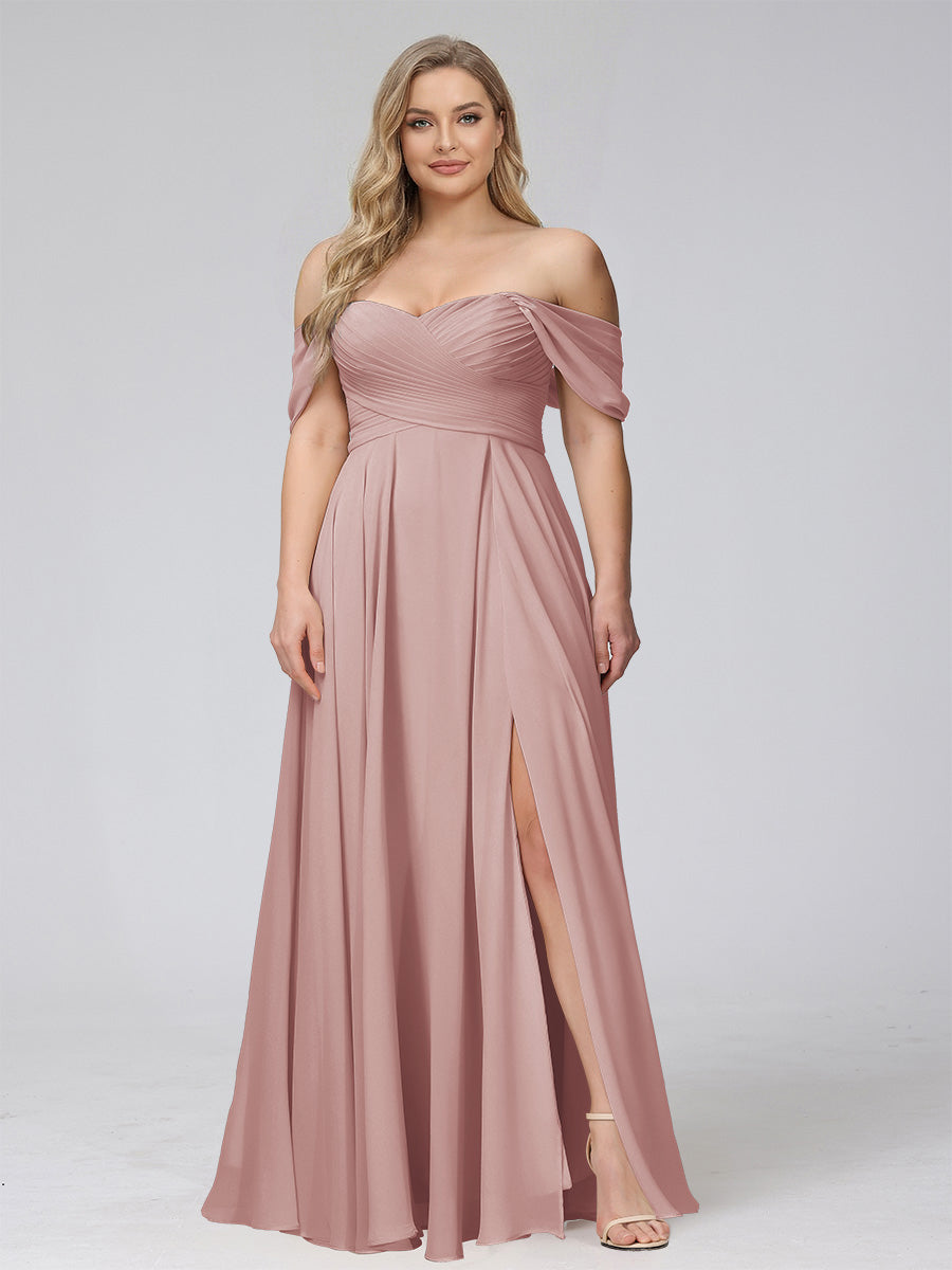 A-Line Off-the-Shoulder Sleeveless Ruched Long Chiffon Plus Size Bridesmaid Dresses with Split Side Dusty Pink
