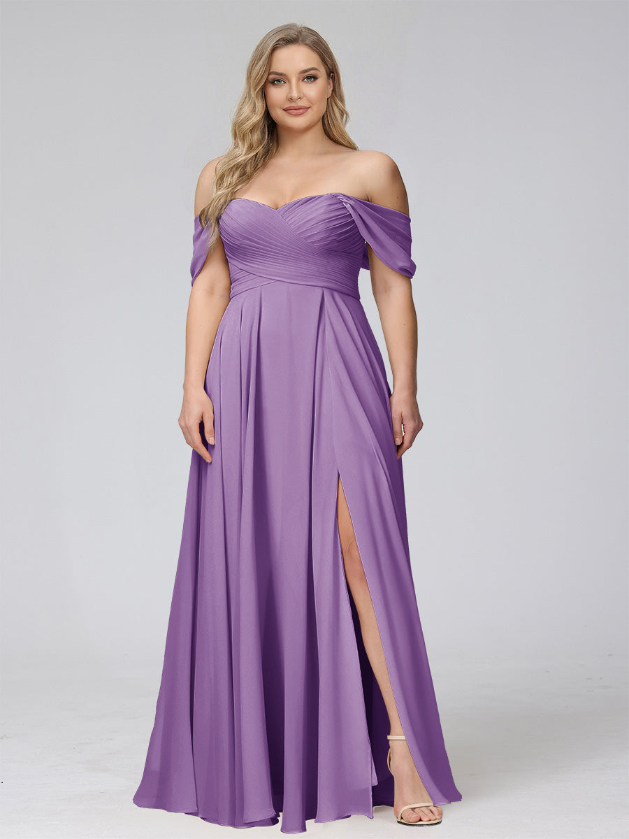 A-Line Off-the-Shoulder Sleeveless Ruched Long Chiffon Plus Size Bridesmaid Dresses with Split Side Dusty Purple