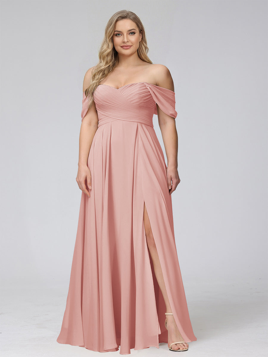 A-Line Off-the-Shoulder Sleeveless Ruched Long Chiffon Plus Size Bridesmaid Dresses with Split Side Dusty Rose