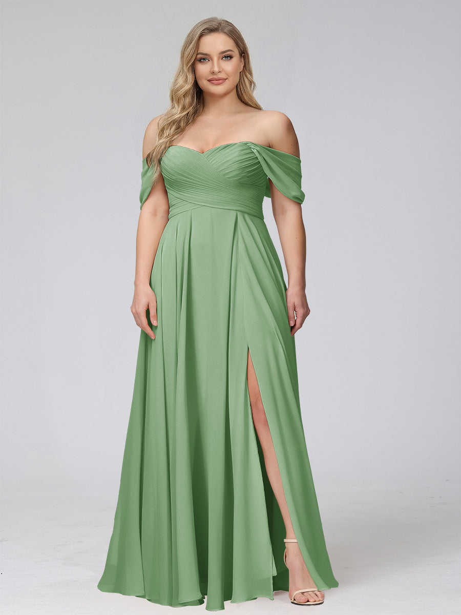 A-Line Off-the-Shoulder Sleeveless Ruched Long Chiffon Plus Size Bridesmaid Dresses with Split Side Dusty Sage