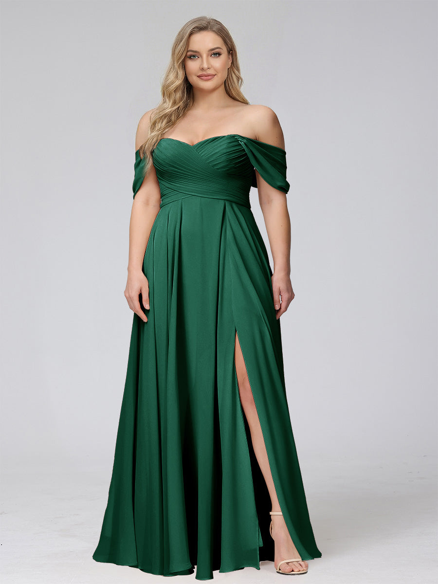 A-Line Off-the-Shoulder Sleeveless Ruched Long Chiffon Plus Size Bridesmaid Dresses with Split Side Emerald