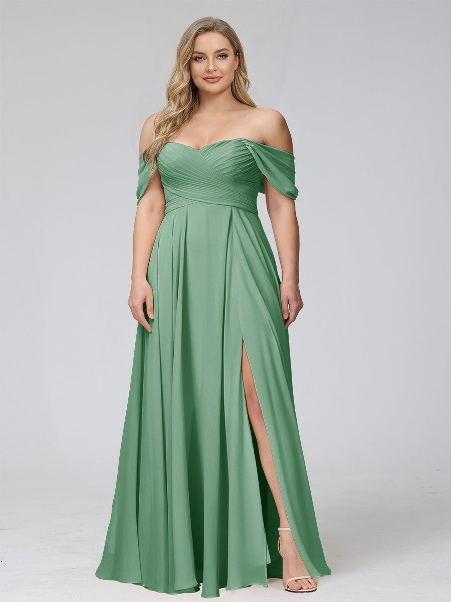 A-Line Off-the-Shoulder Sleeveless Ruched Long Chiffon Plus Size Bridesmaid Dresses with Split Side Eucalyptus