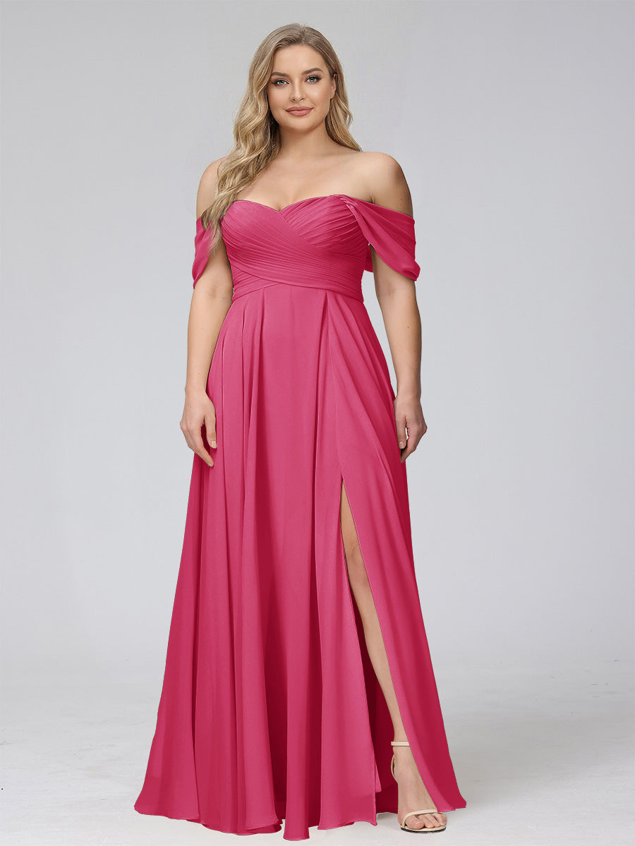 A-Line Off-the-Shoulder Sleeveless Ruched Long Chiffon Plus Size Bridesmaid Dresses with Split Side Fuchsia