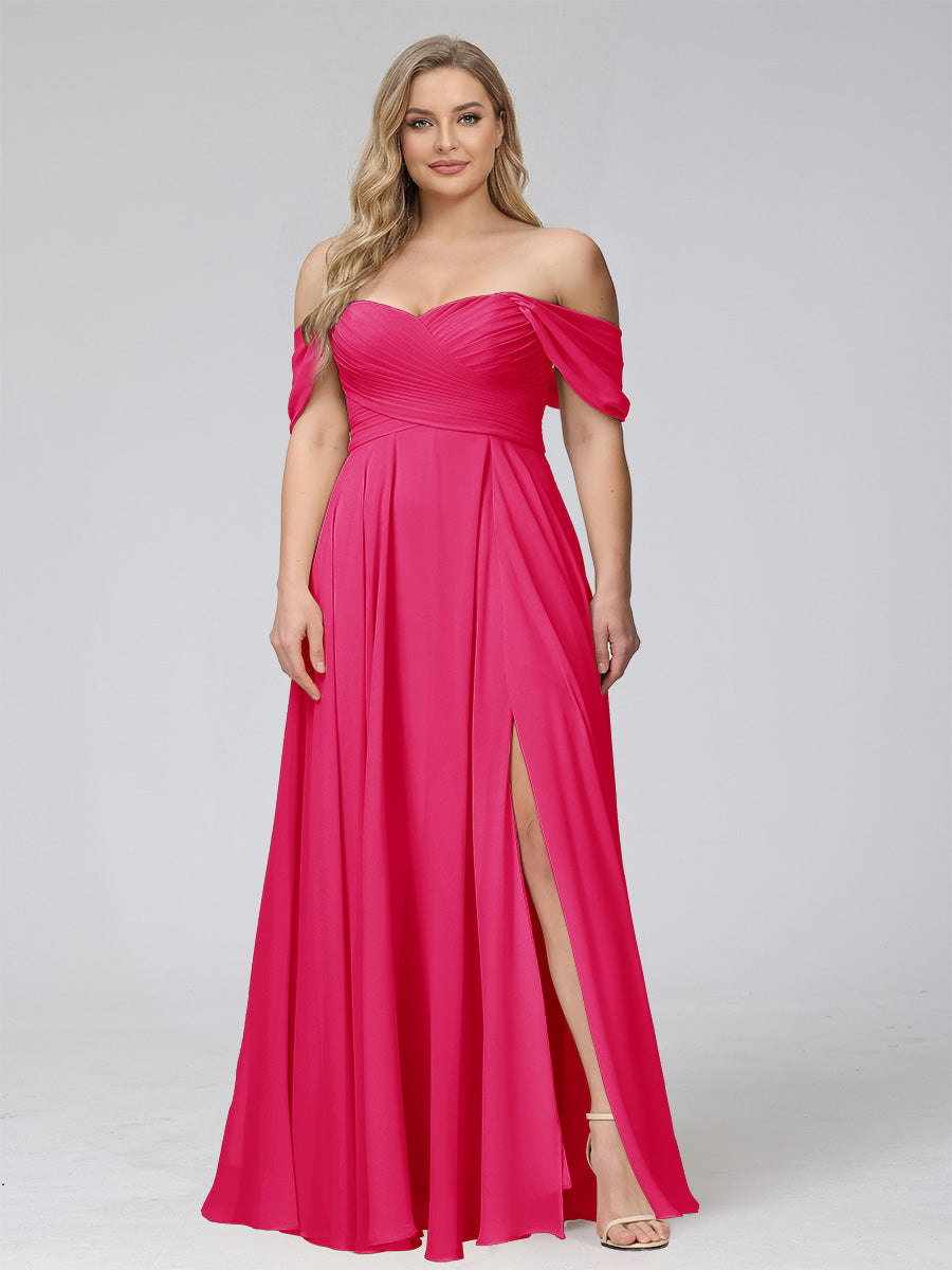 A-Line Off-the-Shoulder Sleeveless Ruched Long Chiffon Plus Size Bridesmaid Dresses with Split Side Fuchsia Pink
