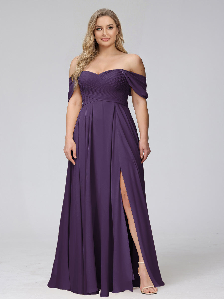 A-Line Off-the-Shoulder Sleeveless Ruched Long Chiffon Plus Size Bridesmaid Dresses with Split Side Grape