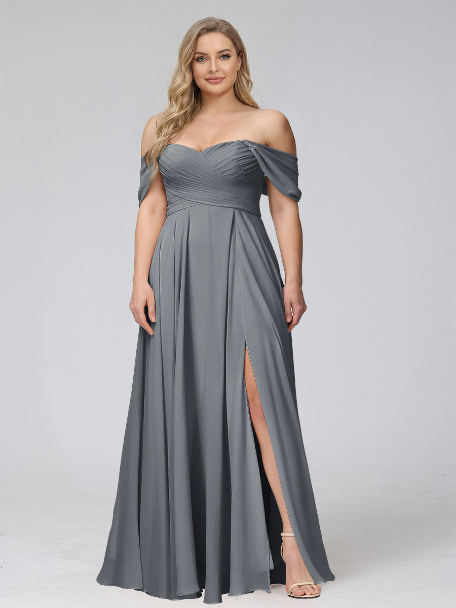 A-Line Off-the-Shoulder Sleeveless Ruched Long Chiffon Plus Size Bridesmaid Dresses with Split Side Gray