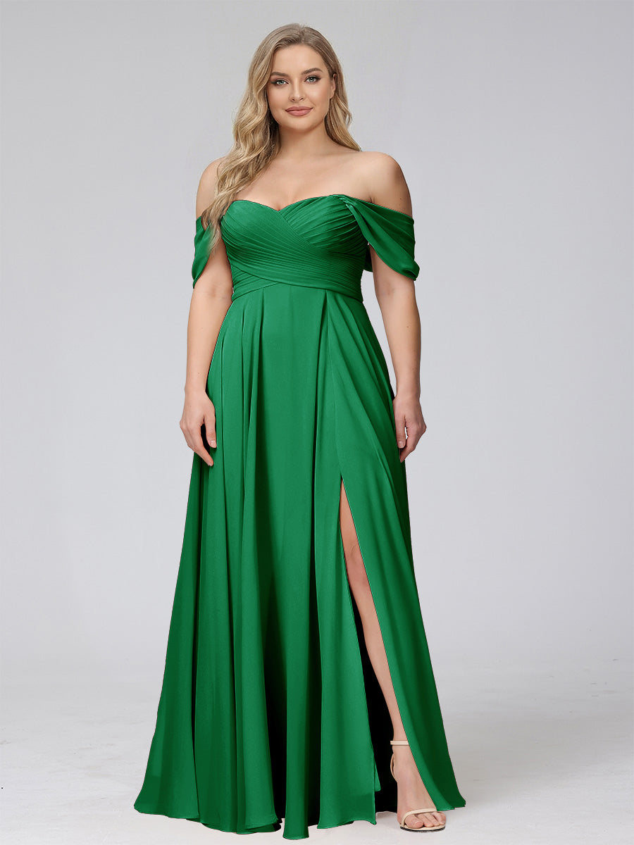 A-Line Off-the-Shoulder Sleeveless Ruched Long Chiffon Plus Size Bridesmaid Dresses with Split Side Green