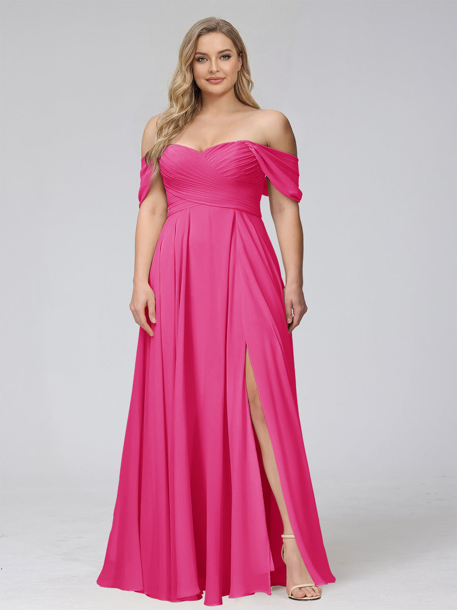 A-Line Off-the-Shoulder Sleeveless Ruched Long Chiffon Plus Size Bridesmaid Dresses with Split Side Hot Pink