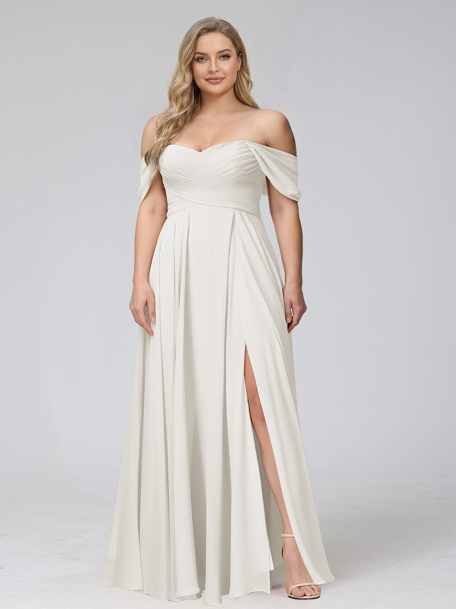 A-Line Off-the-Shoulder Sleeveless Ruched Long Chiffon Plus Size Bridesmaid Dresses with Split Side Ivory