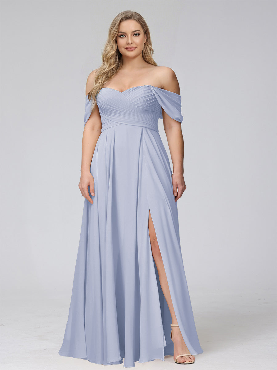 A-Line Off-the-Shoulder Sleeveless Ruched Long Chiffon Plus Size Bridesmaid Dresses with Split Side Lavender