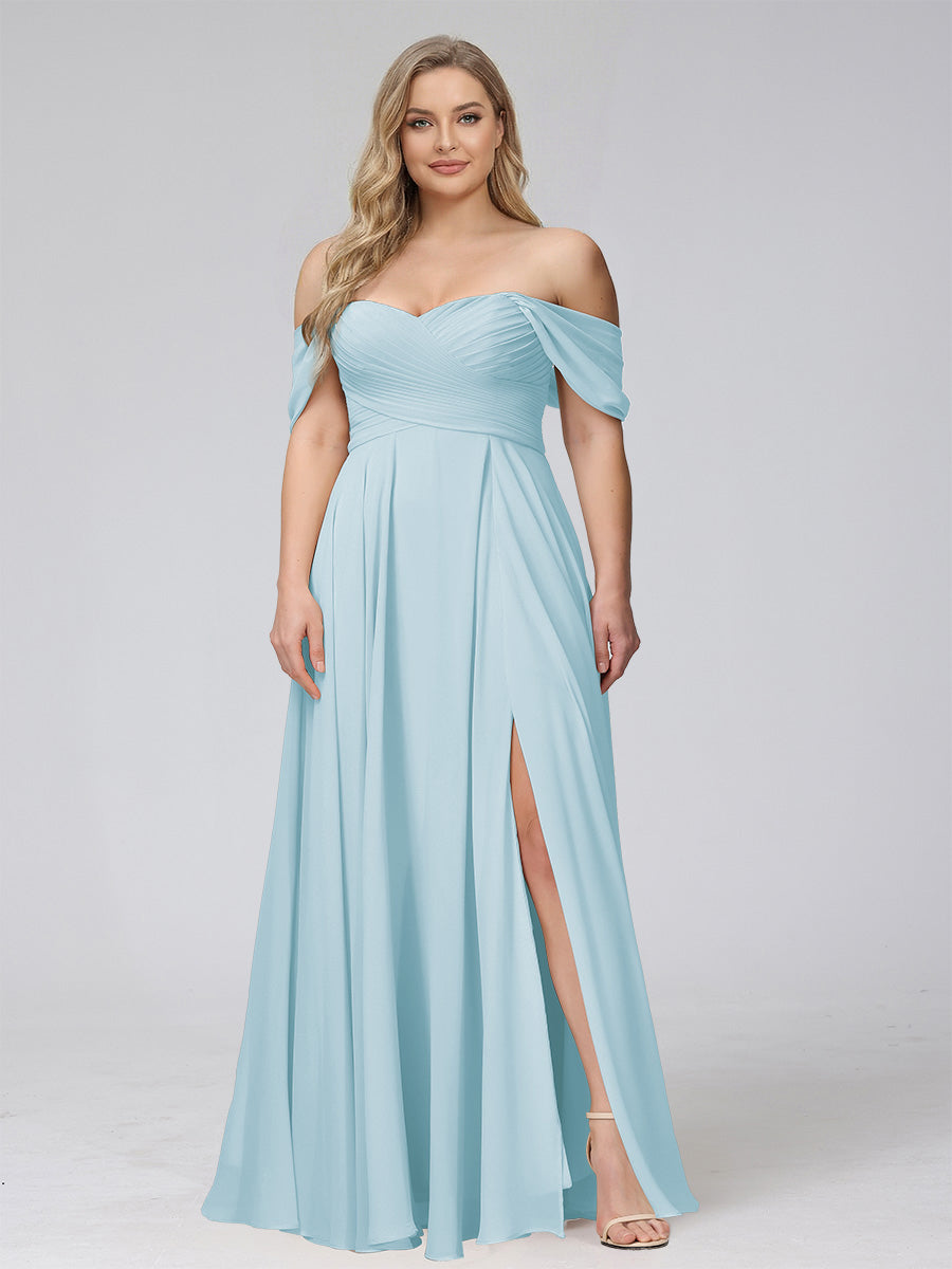 A-Line Off-the-Shoulder Sleeveless Ruched Long Chiffon Plus Size Bridesmaid Dresses with Split Side Light Blue