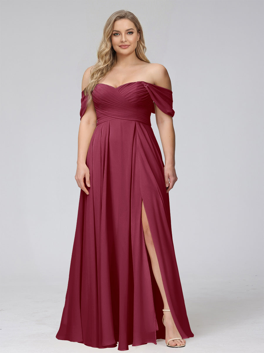 A-Line Off-the-Shoulder Sleeveless Ruched Long Chiffon Plus Size Bridesmaid Dresses with Split Side Light Burgundy