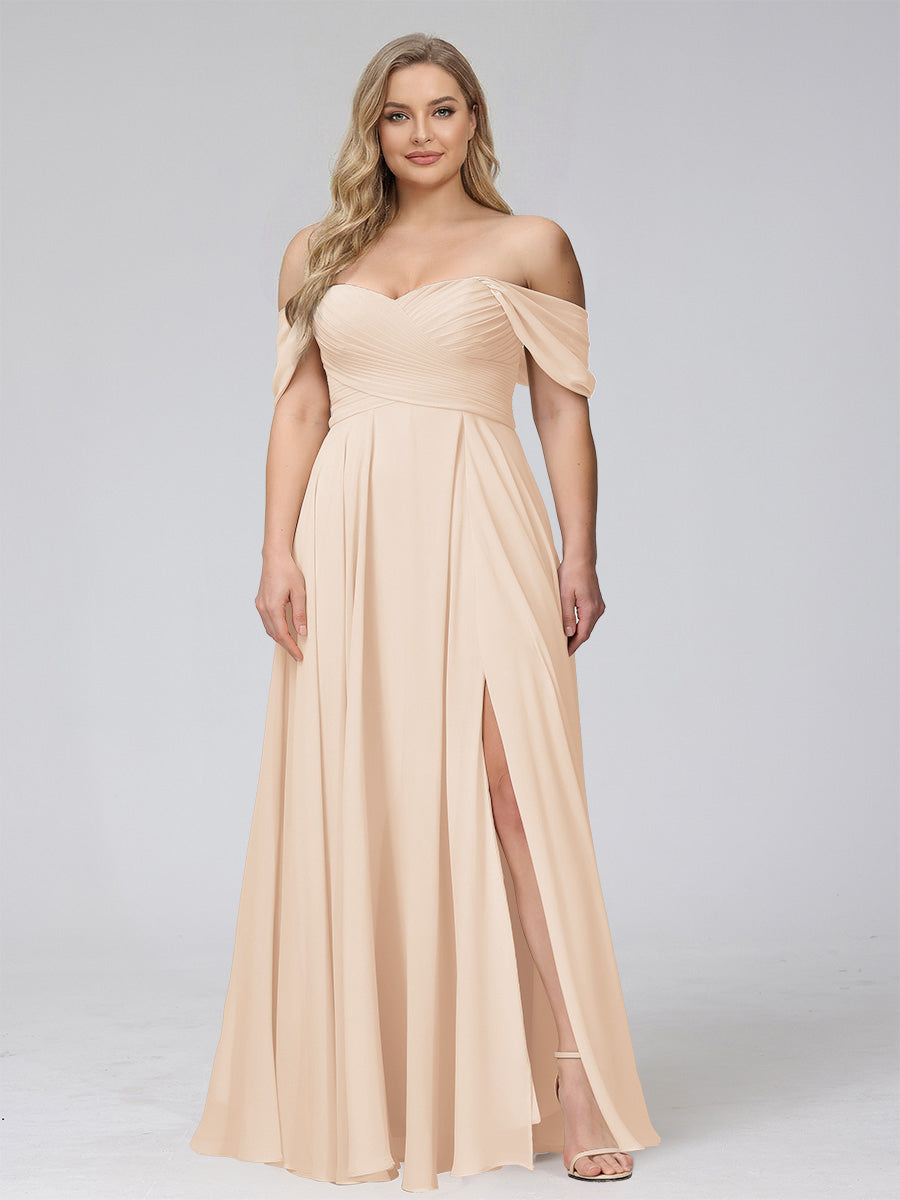 A-Line Off-the-Shoulder Sleeveless Ruched Long Chiffon Plus Size Bridesmaid Dresses with Split Side Light Champagne