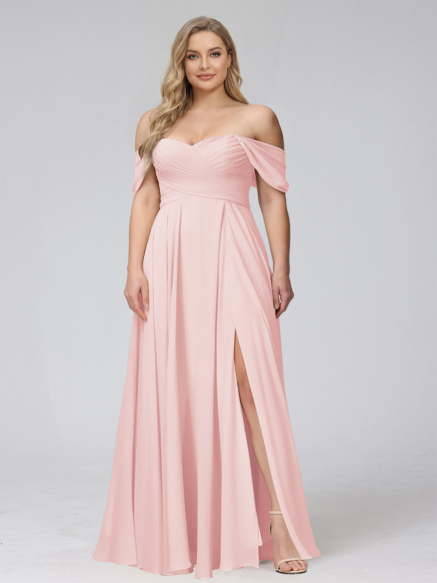 A-Line Off-the-Shoulder Sleeveless Ruched Long Chiffon Plus Size Bridesmaid Dresses with Split Side Light Pink