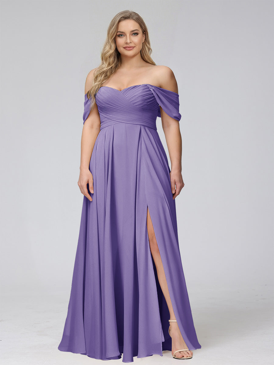 A-Line Off-the-Shoulder Sleeveless Ruched Long Chiffon Plus Size Bridesmaid Dresses with Split Side Light Purple